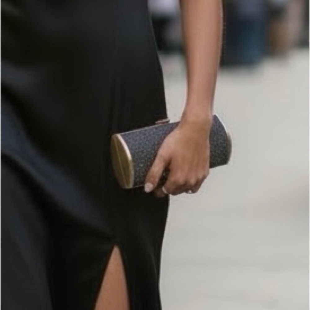 Elegant Black Textured Clutch with Gold Accents - Unlisted